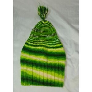 Vintage Handmade Knit Youth Beanie Green Striped Tall Pom Pon